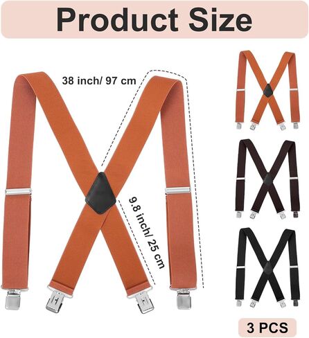 3 Pcs Men’s Heavy Duty Work Suspenders, 2 Inch Wide Clip-On Work Suspenders for Men, Adjustable X-Shaped Strong Clips Suspender for Big Tall Senior Men Gift (Black, Brown, Coffee) in Kuwait