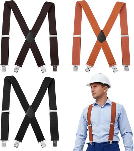 3 Pcs Men’s Heavy Duty Work Suspenders, 2 Inch Wide Clip-On Work Suspenders for Men, Adjustable X-Shaped Strong Clips Suspender for Big Tall Senior Men Gift (Black, Brown, Coffee) in Kuwait