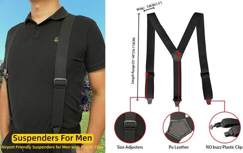 Airport Friendly Suspenders for Men with Plastic Clip 1.5 inch Fully No Metal Elastic Braces with Leather Patch in Saudi Arabia