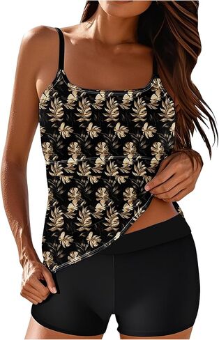 بدلة استحمام تانكيني للسيدات - ملابس سباحة تانكيني مكونة من قطعتين، بدلة سباحة متواضعة بطبعة زهور مع قاع عالي الخصر in Kuwait