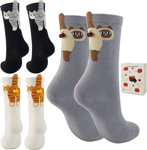 Cute Cat Socks with Balls, Women's 3D Novelty Funny Animal Cat Cotton Crew Socks for Women Cats Lovers Gift in Saudi Arabia
