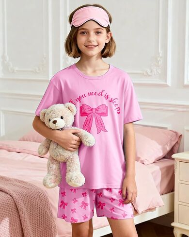 Nidoul Girls Pajamas Short Sleeve 2 Piece Summer Pjs Set Soft Cute Bow Sleepwear Jammies for Kids Size 7-14 in Saudi Arabia
