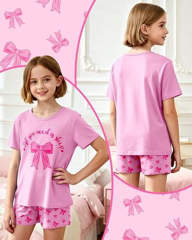 Nidoul Girls Pajamas Short Sleeve 2 Piece Summer Pjs Set Soft Cute Bow Sleepwear Jammies for Kids Size 7-14 in Saudi Arabia