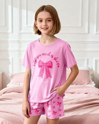 Nidoul Girls Pajamas Short Sleeve 2 Piece Summer Pjs Set Soft Cute Bow Sleepwear Jammies for Kids Size 7-14 in Saudi Arabia