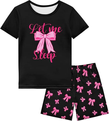 Nidoul Girls Pajamas Short Sleeve 2 Piece Summer Pjs Set Soft Cute Bow Sleepwear Jammies for Kids Size 7-14 in Saudi Arabia