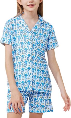 Cute Monkey Pajamas Set for Girls, Kids Summer Button Down Matching Y2k Loungewear PJs Christmas Thanksgiving Gift in Saudi Arabia
