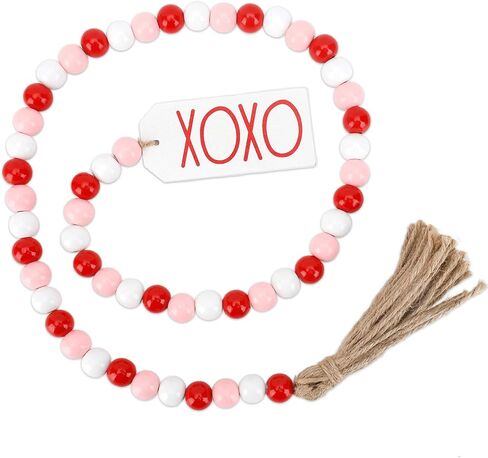 Valentine's Day Wood Bead Garland with Tassel XOXO Tags Rustic Valentines Wooden Beads Pink Red White Beads Wall Hanging Farmhouse Wood Bead Garland Decor for Tiered Tray Vase Home Wedding Decorations in Kuwait