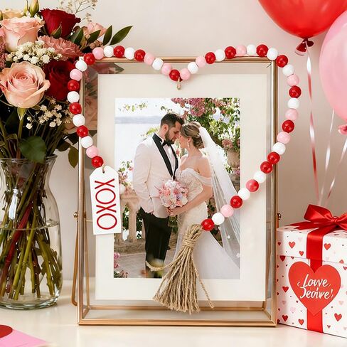 Valentine's Day Wood Bead Garland with Tassel XOXO Tags Rustic Valentines Wooden Beads Pink Red White Beads Wall Hanging Farmhouse Wood Bead Garland Decor for Tiered Tray Vase Home Wedding Decorations in Kuwait