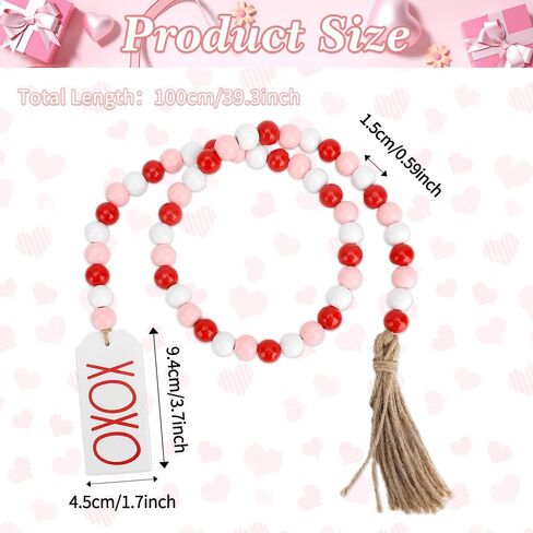 Valentine's Day Wood Bead Garland with Tassel XOXO Tags Rustic Valentines Wooden Beads Pink Red White Beads Wall Hanging Farmhouse Wood Bead Garland Decor for Tiered Tray Vase Home Wedding Decorations in Kuwait