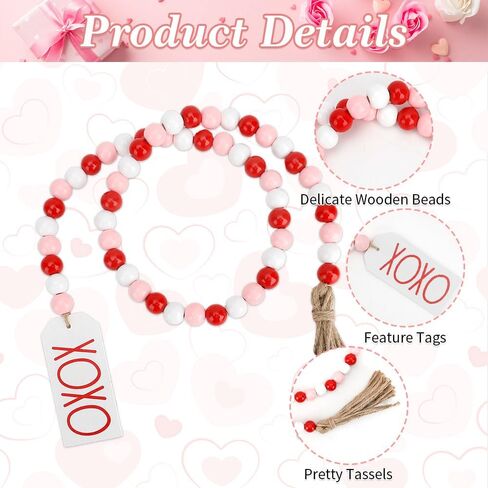 Valentine's Day Wood Bead Garland with Tassel XOXO Tags Rustic Valentines Wooden Beads Pink Red White Beads Wall Hanging Farmhouse Wood Bead Garland Decor for Tiered Tray Vase Home Wedding Decorations in Kuwait