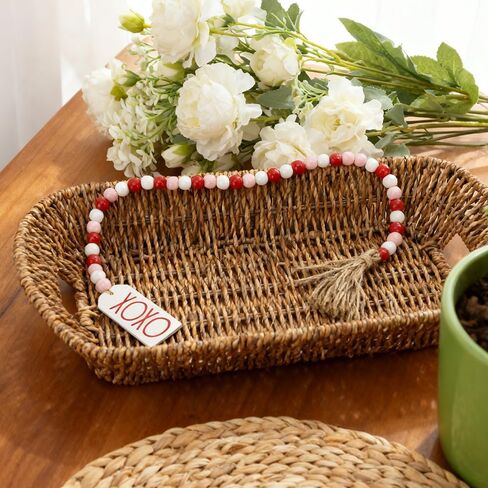 Valentine's Day Wood Bead Garland with Tassel XOXO Tags Rustic Valentines Wooden Beads Pink Red White Beads Wall Hanging Farmhouse Wood Bead Garland Decor for Tiered Tray Vase Home Wedding Decorations in Kuwait