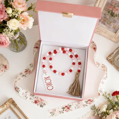 Valentine's Day Wood Bead Garland with Tassel XOXO Tags Rustic Valentines Wooden Beads Pink Red White Beads Wall Hanging Farmhouse Wood Bead Garland Decor for Tiered Tray Vase Home Wedding Decorations in Kuwait