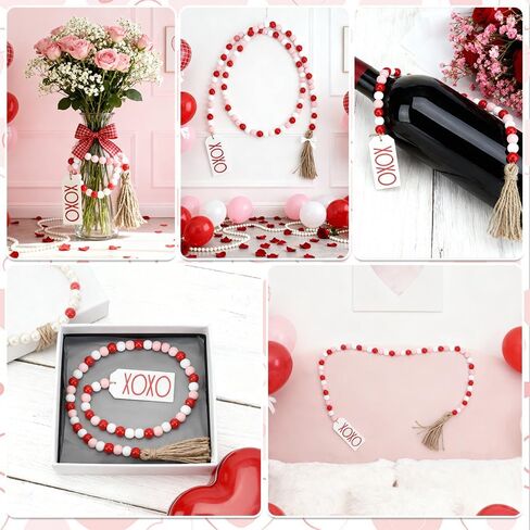 Valentine's Day Wood Bead Garland with Tassel XOXO Tags Rustic Valentines Wooden Beads Pink Red White Beads Wall Hanging Farmhouse Wood Bead Garland Decor for Tiered Tray Vase Home Wedding Decorations in Kuwait