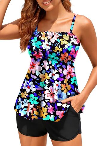 Yonique Flowy Tankini with Shorts - Tummy Control Two Piece Swimsuit with Pockets Smocked Bandeau Bathing Suit 2026 Swimwear in Saudi Arabia