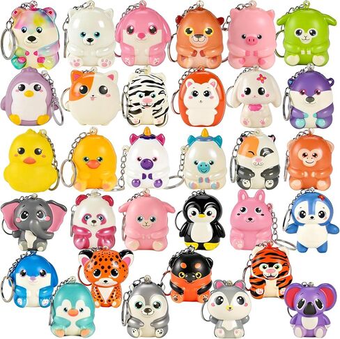 GOLDGE Assorted 32 Pack Squishy Donut Keychains & Critter-Shaped Toys - Colorful and Fun Party Favors, Goodie Bag & Pinata Stuffers, Classroom & Carnival Prizes, Treasure Box Toys for Boys and Girls in Kuwait