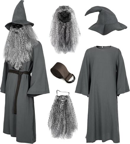 VZQI Deluxe 5 Pcs Wizard Costume for Adults Grey Wizard Robe with Wizards Hat, Belt, Wig & Beard Halloween Costumes For Men in Saudi Arabia