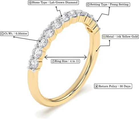 DEWBERRY 0.50 Ct Lab Grown Diamond 14K Gold Half Eternity Wedding Anniversary Stackable Ring Band for Women | Jewelry Birthday Gifts for her | FG Color VS Clarity | Size 4-11 in Saudi Arabia
