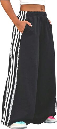 MakeMeChic Girl's Lace Striped Wide Leg Sweatpants Elastic Waist Athletic Baggy Pants in Saudi Arabia