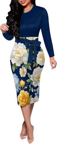 ‌Midi Dresses for Women Church Outfits Business Elegant Casual Bodycon Long Sleeve Pencil Dress Floral with Belt in Saudi Arabia