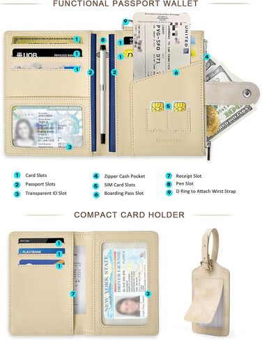 Passport Wallet for Travel, Luxury Vegan Leather RFID Blocking Passport Holder & luggage tag for Women Men, Wristlet Wallet with Zipper Pocket, Couple Travel Essentials in Saudi Arabia