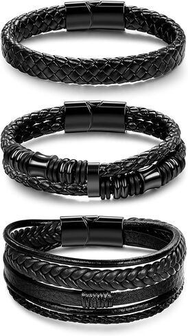 REVOLIA 3Pcs Black Leather Bracelets for Men Women Braided Leather Wristband Cuff Bracelets Multi-Layer Braided Leather Bracelets Set 7.5-9 Inches in Saudi Arabia