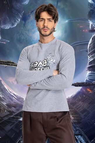 تي شيرت رجالي بأكمام طويلة Galactic تي شيرت مطبوع عليه أزياء الهالوين باللون الرمادي in Kuwait