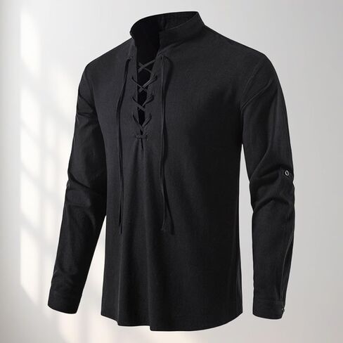 Men’s Long Sleeve Cotton Lace Up Shirt Retro Renaissance Pirate Viking Medieval Tops Casual Costume Style Shirts for Men in Saudi Arabia