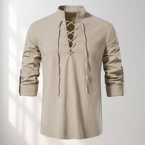 Men’s Long Sleeve Cotton Lace Up Shirt Retro Renaissance Pirate Viking Medieval Tops Casual Costume Style Shirts for Men in Saudi Arabia