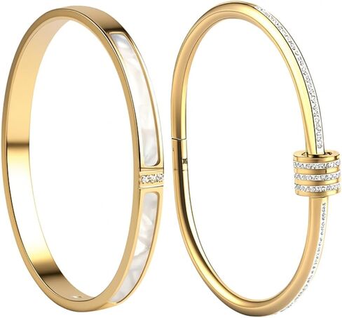 2pcs Gold Bangle Bracelets for Women, 18K Gold Plated Stacking Bracelet Set with Cubic Zirconia, Jewelry Gift in Saudi Arabia