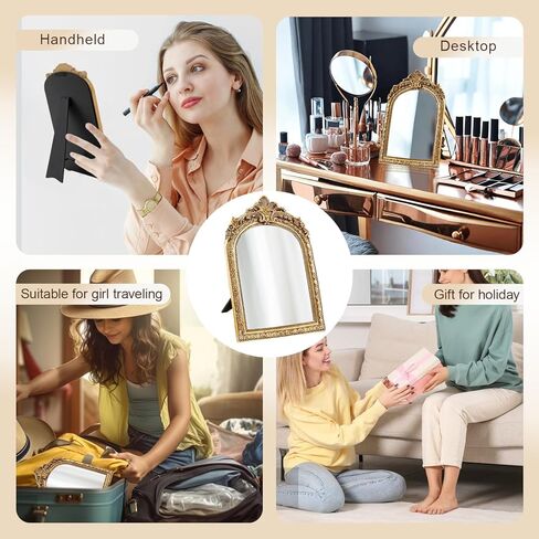 مرآة مكتب مكياج عتيقة من YUSONG - مرآة ذهبية عتيقة مقاس 7 بوصات لإطار من الراتنج على الطاولة لتزيين الحائط لغرفة المعيشة، وديكور غرفة النوم، وطاولة الزينة in Kuwait