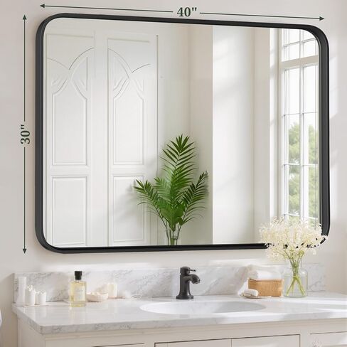 مرآة حمام بإطار معدني أسود مقاس 40 × 30 بوصة، مرآة مستطيلة بزوايا مستديرة، مرآة حديثة مثبتة على الحائط مضادة للصدأ للمزرعة، والحمام، والمدخل، والتعليق الأفقي أو الرأسي in Kuwait