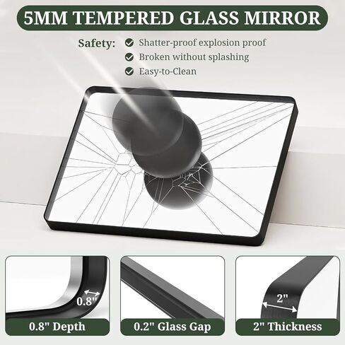 مرآة حمام بإطار معدني أسود مقاس 40 × 30 بوصة، مرآة مستطيلة بزوايا مستديرة، مرآة حديثة مثبتة على الحائط مضادة للصدأ للمزرعة، والحمام، والمدخل، والتعليق الأفقي أو الرأسي in Kuwait