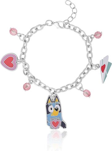 Bluey Charm Bracelet for Girls Official License, 6.5"+1" Fashion Bracelet with Pink Bead and Heart Charms in Saudi Arabia