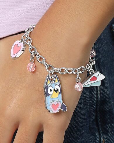 Bluey Charm Bracelet for Girls Official License, 6.5"+1" Fashion Bracelet with Pink Bead and Heart Charms in Saudi Arabia