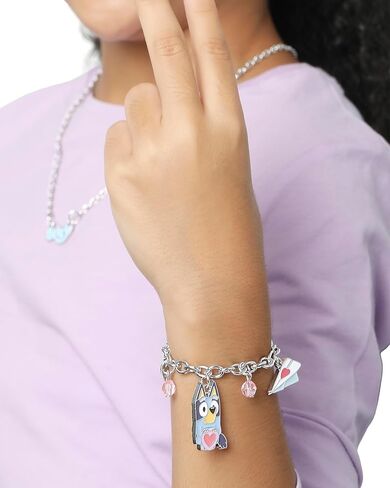 Bluey Charm Bracelet for Girls Official License, 6.5"+1" Fashion Bracelet with Pink Bead and Heart Charms in Saudi Arabia