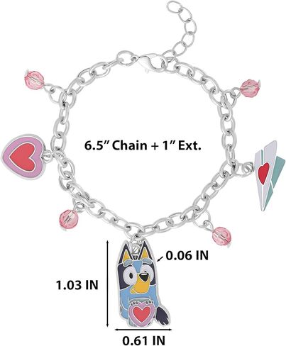Bluey Charm Bracelet for Girls Official License, 6.5"+1" Fashion Bracelet with Pink Bead and Heart Charms in Saudi Arabia