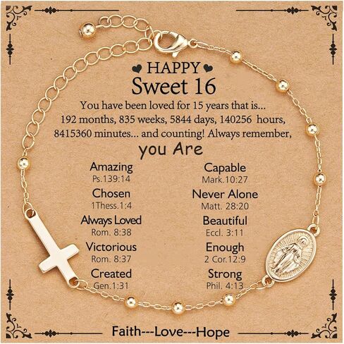Happy 13th 15th 16th 21th 30th 40th 50th Birthday Bracelet Gifts for Women Girls, 14k Gold Plated Virgin Mary Cross Bracelet Catholic Religious Friendship Jewelry for Her in Saudi Arabia