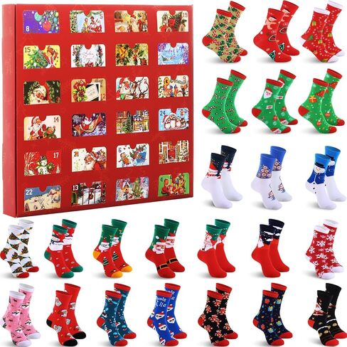 Suhine 24 Pairs Christmas Sock Gift Bulk for Women Men Adult Soft Christmas Xmas Holiday Festival Sock Advent Calendar 2025 in Kuwait