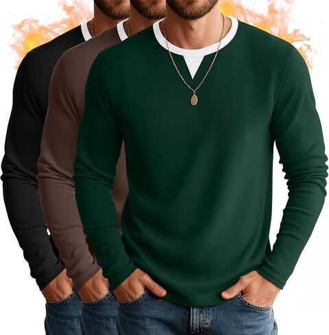 3 Pack Men's Long Sleeve Thermal Shirts V Neck Fleece Lined Tops Base Layer Undershirt Casual Pullover Sweater in Saudi Arabia