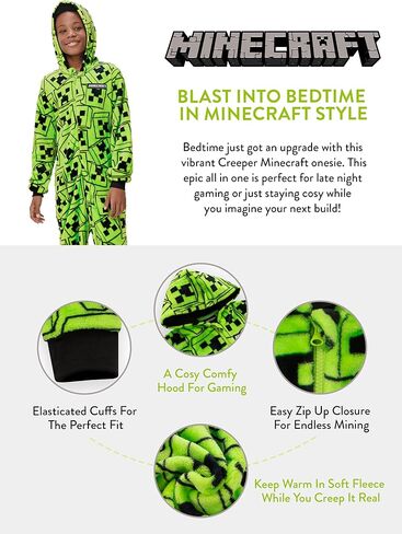Minecraft Onesie Pajamas For Boys، Creeper Boys Pajamas، Gamer Hooded Fleece Onesie للأطفال in Saudi Arabia