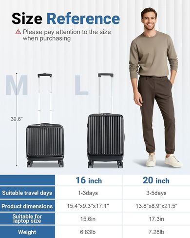 Lekebobor 16 Inch Small Carry on Luggage with Wheels, Airline Approved Hard Shell Suitcase with TSA Lock Front Pocket for Travel for Women Men, Black in Saudi Arabia