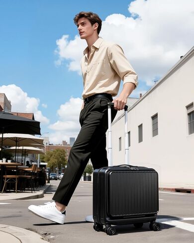 Lekebobor 16 Inch Small Carry on Luggage with Wheels, Airline Approved Hard Shell Suitcase with TSA Lock Front Pocket for Travel for Women Men, Black in Saudi Arabia