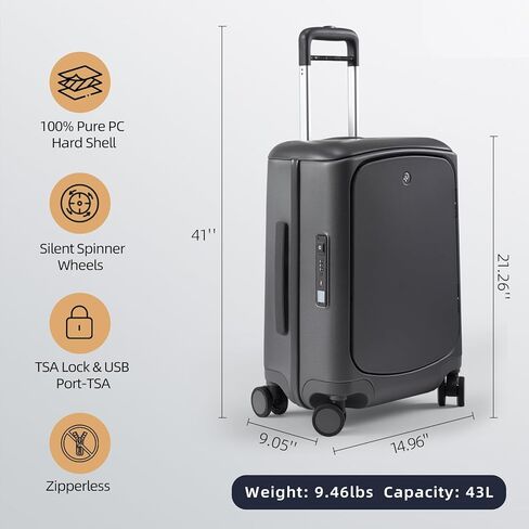 شنق آمن على الأمتعة، 22 × 14 × 9 حقيبة سفر معتمدة من شركة الطيران مع عجلات دوارة، حقيبة سفر صلبة للأعمال مع قفل TSA ومنفذ USB للسفر، بدون سحاب، خفيف الوزن، رمادي in Kuwait