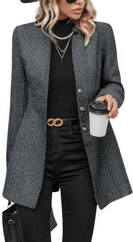 ebossy Women's Casual Business Herringbone Wool Blend Blazer Jacket Notched Collar Button Down Slim Long Sleeve Dress Coat in Saudi Arabia