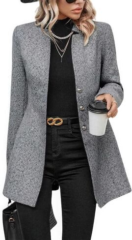 ebossy Women's Casual Business Herringbone Wool Blend Blazer Jacket Notched Collar Button Down Slim Long Sleeve Dress Coat in Saudi Arabia