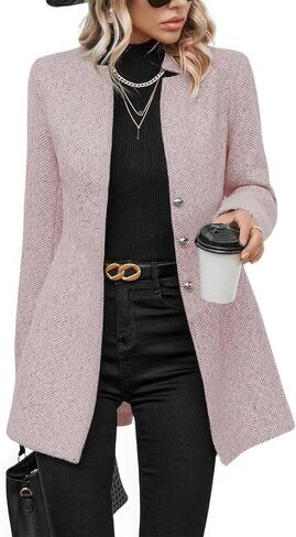 ebossy Women's Casual Business Herringbone Wool Blend Blazer Jacket Notched Collar Button Down Slim Long Sleeve Dress Coat in Saudi Arabia