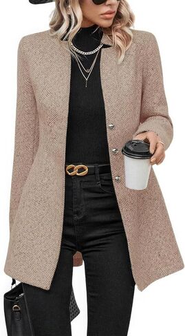 ebossy Women's Casual Business Herringbone Wool Blend Blazer Jacket Notched Collar Button Down Slim Long Sleeve Dress Coat in Saudi Arabia