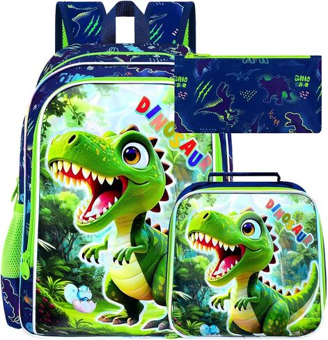 UFNDC 3PCS Boys Backpack,16"Kids Dinosaur Bookbag with Lunch Box, School Bag for Elementary Toddler in Kuwait