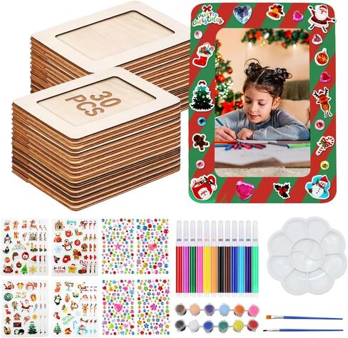 30 Pcs Wooden Picture Frames for Craft, 7.5"x5.5" Wooden DIY Photo Frame with 12 Pcs Painting Color Pen 16 Sheets Crystal Diamond Stickers Painting Tools Set for DIY Crafts in Saudi Arabia