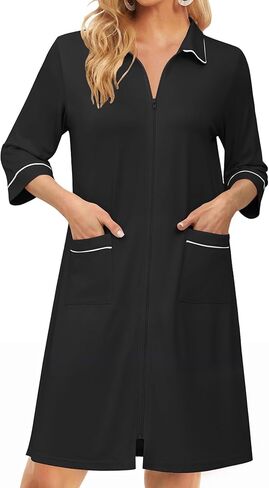 Ekouaer Zipper Robes for Women 3/4 Sleeve Housecoats Knee Length Bathrobe Lightweight Nightgown with Pockets S-3XL in Kuwait